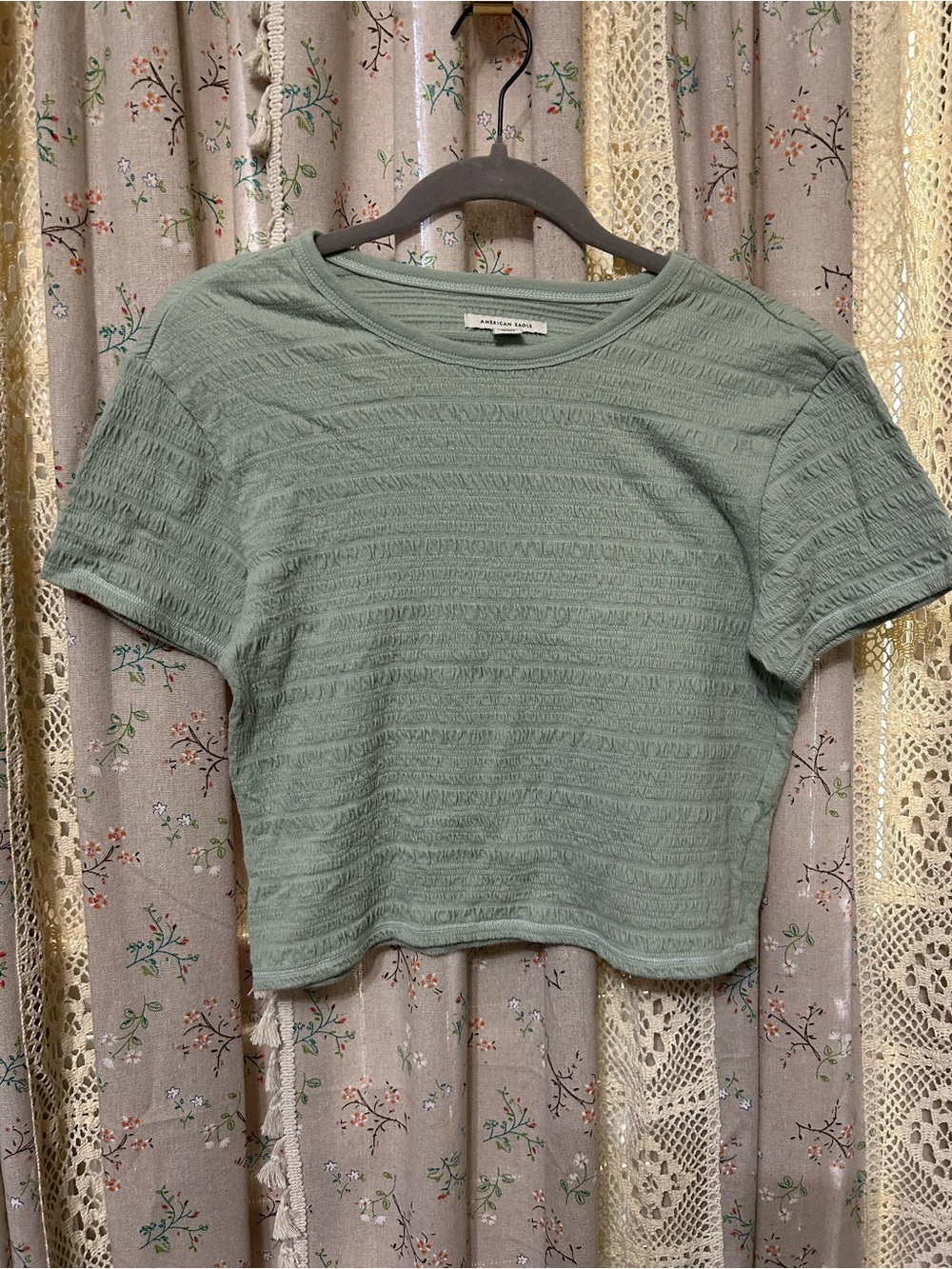 American Eagle Sage Green Textured Cropped Tee Short Sleeve Top S